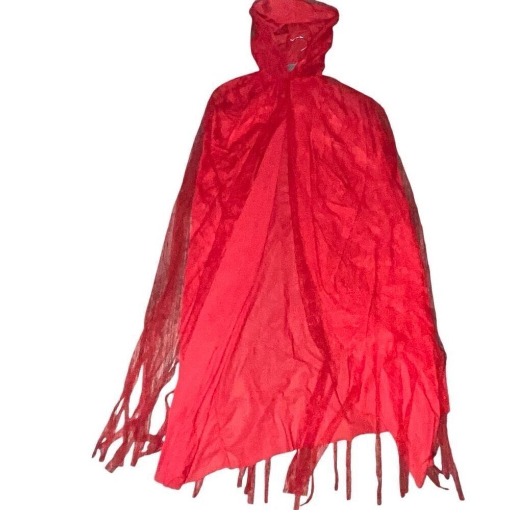 Womens One Size Cape Shawl Poncho Hooded Red Layers Tulle Fringe Cosplay Unisex